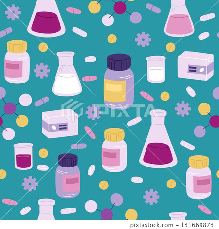 Medicines for treating diseases. Pharmacy seamless pattern. Medical tablets. Vitamin capsules. Drops and syrups. Repeated print. Remedy pill. Pharmaceutical drugs. Vector background 131669873