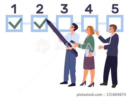 Office workers note progress of business project. People ticking off completed items in plan. Effective teamwork. Employees taking checkmark in checkbox. Tasks planning. Vector concept Office workers note progress of business project. People ticking off completed items in plan. Effective teamwork. Employees taking checkmark in checkbox. Tasks planning. Vector concept 131669874