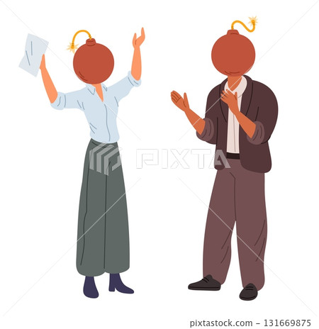 Office workers with bombs instead of heads that about to explode. Mental problems. Abuse quarrel. People with anxiety and stress. Furious conversation. Aggressive talk. Vector concept Office workers with bombs instead of heads that about to explode. Mental problems. Abuse quarrel. People with anxiety and stress. Furious conversation. Aggressive talk. Vector concept 131669875