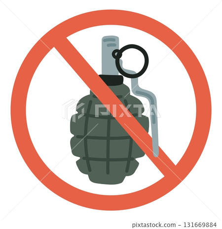 Prohibitory red sign with crossed out army fragmentation grenade. Stop war and violence. Dynamite attack forbidden. Bomb explosion ban. Explosive warhead. Vector restricted warning icon 131669884