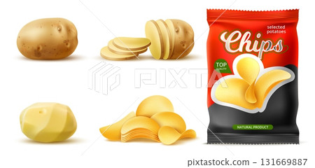 Realistic mockup of chips packaging with fried potato crispy slices. Tubers peeled and cut into pieces. Whole starchy vegetable. Fastfood pouch package. Foil sachet. Vector 3D objects set 131669887