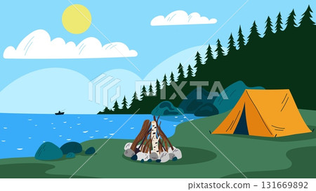 Tent on riverbank. Campfire at shore. Fishing in boat on lake. Relaxing in nature. Hiking adventure. Wild forest. Summer vacation. Tourist campground. Camping bonfire. Vector background Tent on riverbank. Campfire at shore. Fishing in boat on lake. Relaxing in nature. Hiking adventure. Wild forest. Summer vacation. Tourist campground. Camping bonfire. Vector background 131669892