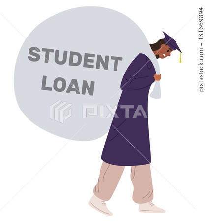 Tired girl student with big bag of loans behind her back. Heavy debt burden. Credit pressure. Graduation expenses. Anxiety woman. Vector concept of value university or college education 131669894