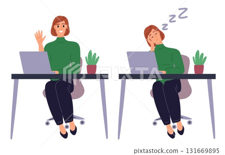 Tired or happy female employee. Burnout or energetic woman in workplace. Office worker sleeping at computer desk. Exhausted manager overwork. Businessman productive work. Vector concept 131669895