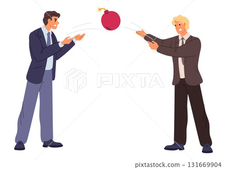 Two businessmen throwing burning bomb over each other. Risks and hazards exchange. Boom explosion. Boss tossing business problem to employee. Vector concept of shifting responsibility Two businessmen throwing burning bomb over each other. Risks and hazards exchange. Boom explosion. Boss tossing business problem to employee. Vector concept of shifting responsibility 131669904