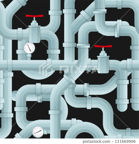 Water metal pipes with valves, taps, and pressure gauges. Pipeline seamless pattern. Curved tube constructions. Repeated print. Sewerage repair. Intertwined drainage. Vector background 131669906