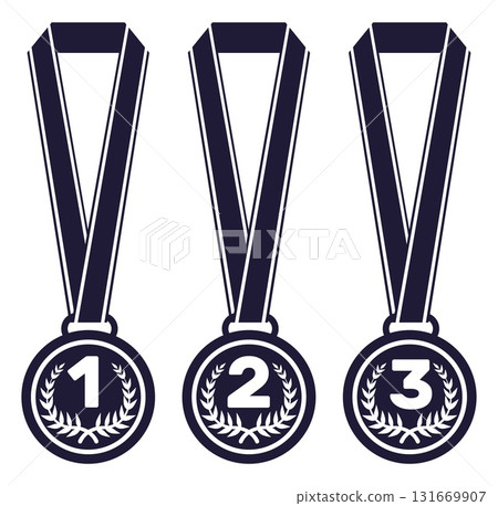 Winners medals on ribbon. Competition victory trophy. Nominee number place. Tournament winning medallion. Achievement reward. Vector set of award black silhouettes on white background Winners medals on ribbon. Competition victory trophy. Nominee number place. Tournament winning medallion. Achievement reward. Vector set of award black silhouettes on white background 131669907
