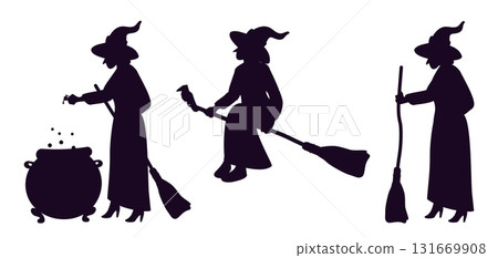 Witch preparing magic potion and flying on broom. Halloween character. Magical elixir brewing in cauldron. Sorceress on broomstick. Vector set of black silhouettes on white background 131669908