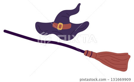 Witch stuff. Cone wicked hat and broom with wooden handle. Halloween elements. Witchcraft brush. Broomstick for sorceress flight. Magician clothing. Fairytale objects. Vector isolated set 131669909