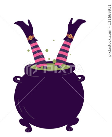 Witchs legs sticking out of cauldron of green magic potion. Decor for Halloween card or poster. Fantasy essence substance brew. Warlock feet. Fairytale alchemy boiler. Vector concept 131669911