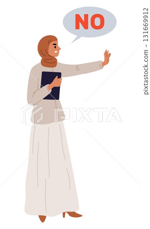 Woman in traditional Muslim dress says no. Arab girl showing prohibition gesture. Disapprove and reject. Negative reaction. Denial signal. Saudi female in hijab. Vector concept of refusal 131669912