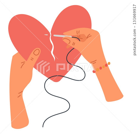 Womens hands sew up broken heart with needle and thread. Couple unity. Romantic relationship repair. Arms connect love pieces with rope. Vector concept of forgiveness and reconciliation 131669917