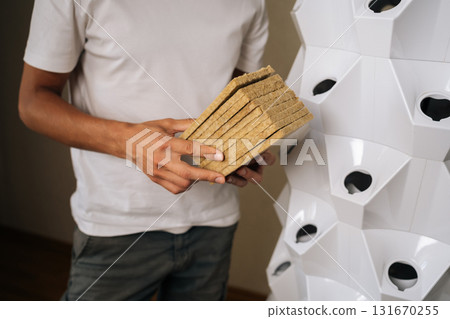 Cropped shot of agronomist male holding rockwool slabs, preparing to plant seeds in modern hydroponic tower garden at home, showcasing innovative and sustainable urban farming techniques. Cropped shot of agronomist male holding rockwool slabs, preparing to plant seeds in modern hydroponic tower garden at home, showcasing innovative and sustainable urban farming techniques. 131670255
