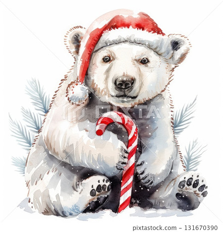 Cute polar bear wearing a Santa hat holding a candy cane in a snowy winter scene Cute polar bear wearing a Santa hat holding a candy cane in a snowy winter scene 131670390