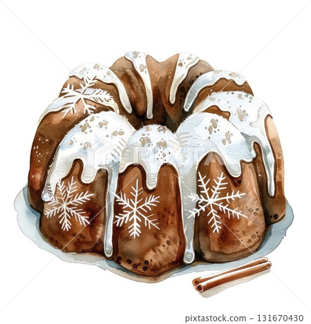 Festive bundt cake with icing and snowflake decorations on a plate with cinnamon sticks nearby 131670430