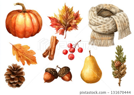 Autumn harvest illustration featuring pumpkin, leaves, scarf, and seasonal elements with copy space 131670444