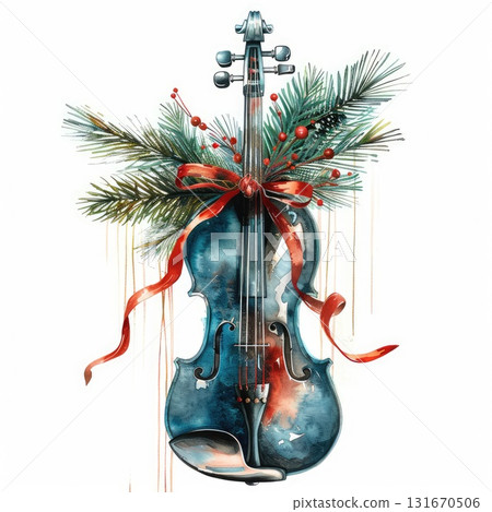Beautiful watercolor illustration of a violin adorned with festive greenery and red ribbons Beautiful watercolor illustration of a violin adorned with festive greenery and red ribbons 131670506