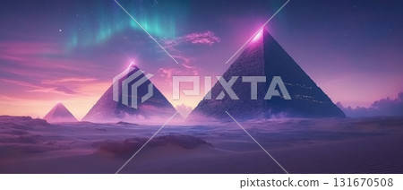 Majestic pyramids illuminated by auroras in a surreal desert landscape at twilight 131670508