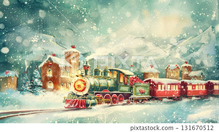 Vintage steam locomotive traveling through a snowy landscape with festive decorations and buildings 131670512