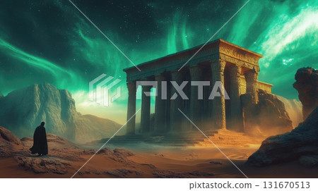 Mysterious ancient temple under vibrant auroras in a surreal desert landscape at night 131670513
