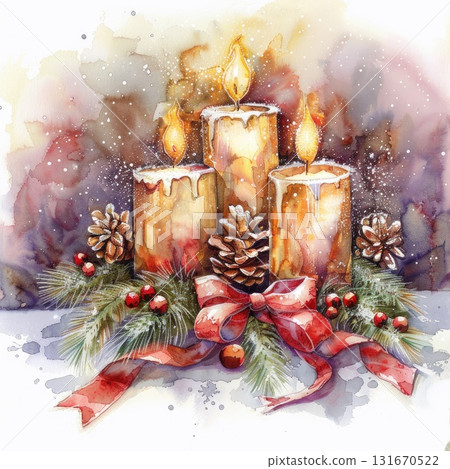 Watercolor illustration of three lit candles surrounded by pinecones and festive decorations Watercolor illustration of three lit candles surrounded by pinecones and festive decorations 131670522