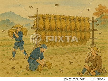 Farmers harvesting rice 131670547