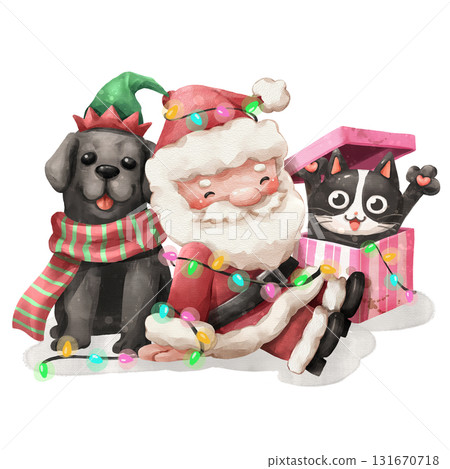 Watercolor cartoon illustration of Santa Claus tangled in Christmas lights, sitting with a black Labrador dog wearing elf hat and surprised tuxedo cat popping out of gift box. Hand drawn painting. 131670718