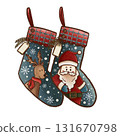 Watercolor Christmas Stockings with Santa Claus and Reindeer Illustration Isolated on White Background 131670798