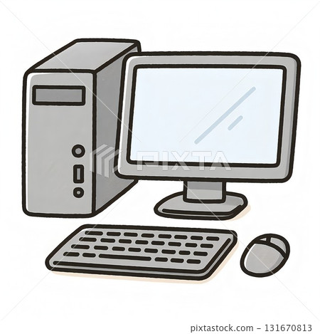 Cartoon illustration of a desktop PC with a monitor and keyboard 131670813