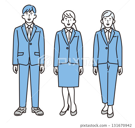 Simple illustration: Men and women standing in recruitment suits. Men and women standing in recruitment suits. 131670942