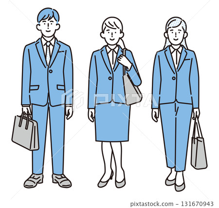 Simple illustration: Men and women standing in recruitment suits. Men and women standing in recruitment suits. 131670943