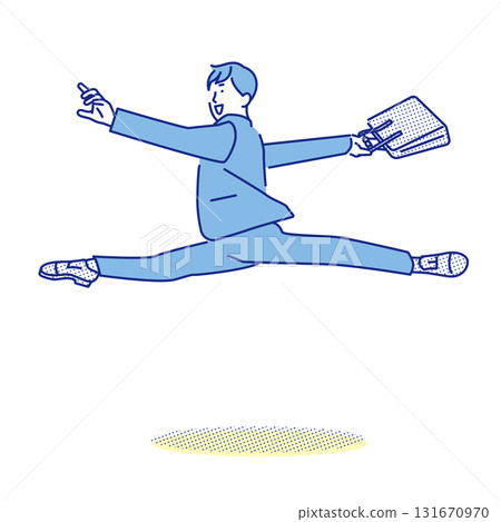 Simple illustration of a smiling man in a recruitment suit doing ballet jumps 131670970