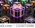 A vibrant, glowing neon gift box surrounded by icons of gifts and shopping carts. Perfect for holiday seasonal sales, gift shopping, shopping, e-commerce, Black Friday, Cyber Monday 131671086