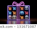 A vibrant, glowing neon gift box with gift and shopping cart icons. Perfect for holiday seasonal sales, gift shopping, Black Friday, or special occasion promotions. 131671087