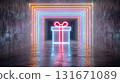 A vibrant, glowing hologram gift box with a bow shopping tunnel. Perfect for holiday sales, gift shopping, online shopping, Black Friday, and Cyber Monday. 131671089