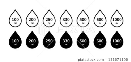 Water capacity icons set. Liquid volume symbol from 100 to 1000 liters. Water drop line icon. Fluid volume. ML sign. Scale for liquid or ingredient. Vector illustration isolated on white background 131671106