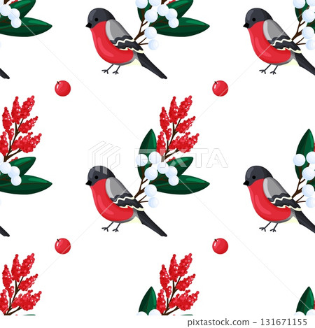 Bullfinch Bird and Winter Berries Seamless Pattern 131671155