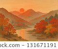 Autumn leaves on the mountain and the setting sun 131671191