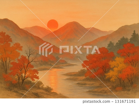 山上的秋葉和夕陽 131671191