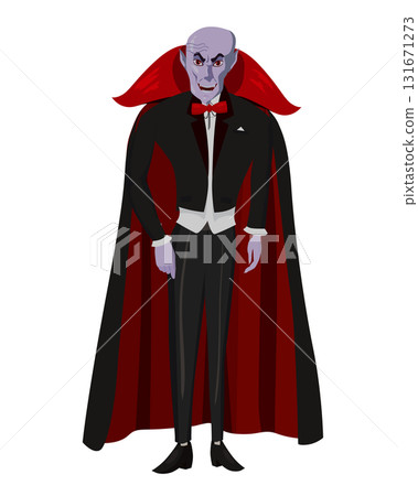 Dracula bald vampire character in black red cape with wineglass. Vector illustration cartoon style Dracula bald vampire character in black red cape with wineglass. Vector illustration cartoon style 131671273