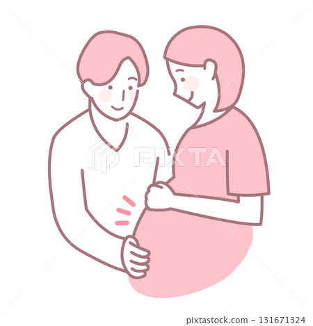 一對夫婦將手放在肚子上並感受胎動的插圖 131671324