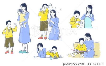 養育孩子的婦女：送孩子、玩耍、吃飯、煮飯、讀書 131671410