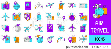 Air travel icons set. Transportation illustrations and tourism item. 131671654