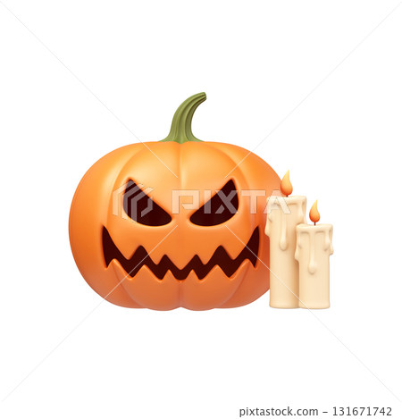 3D Halloween pumpkin with candles. Ideal for party invitations and holiday decorations. 131671742