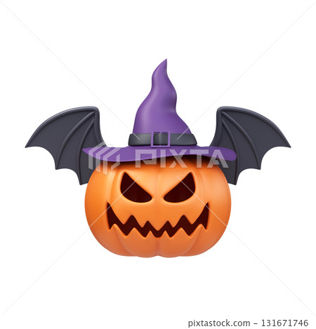 3D Halloween pumpkin with bat wings and hat. 131671746
