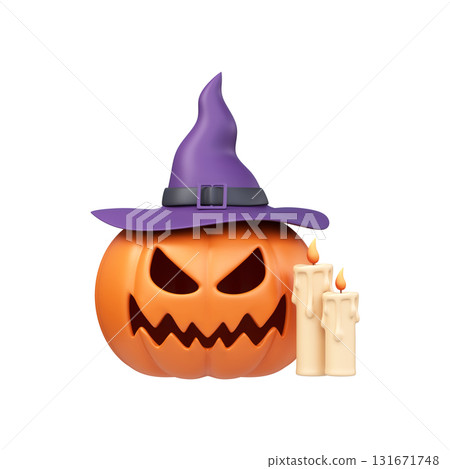 Halloween 3D pumpkin with witch hat and candles 131671748