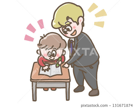 Illustration of a teacher and children studying English at a desk 131671874