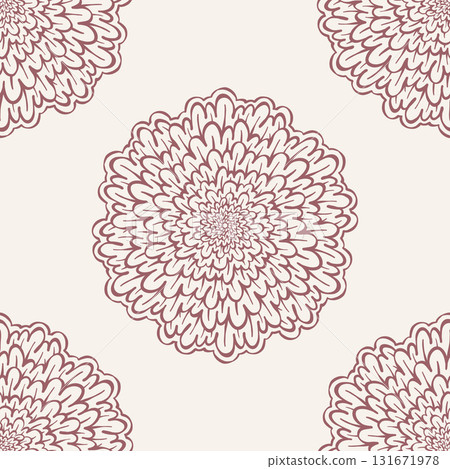 Seamless White Floral Mandala Zentangle Pattern with Pink Outline on Elegant Background 131671978