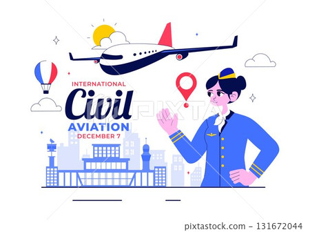 International Civil Aviation Day Illustration on December 7 Featuring an Airplane and Blue Sky View in Appreciation of Aviation in a Flat Background 131672044