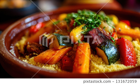 Traditional Moroccan couscous with stewed vegetables and spices, served in a clay tagine, authentic North African cuisine close-up Traditional Moroccan couscous with stewed vegetables and spices, served in a clay tagine, authentic North African cuisine close-up 131672059
